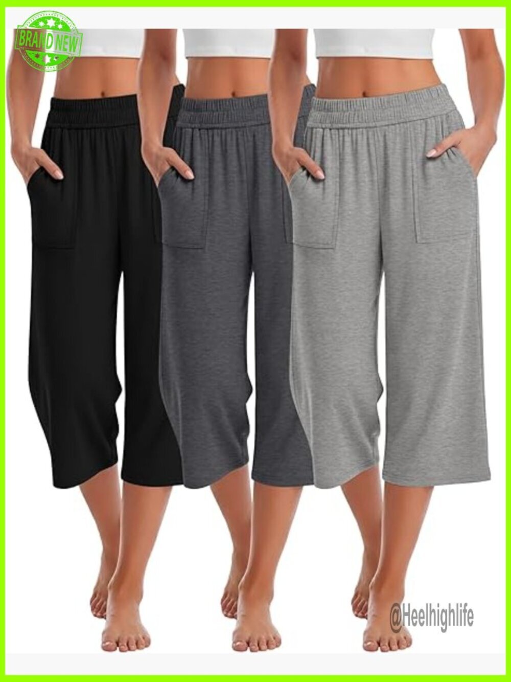 3 Pack Cotton Capri Sweatpants Wide Leg Cropped Yoga Pants with Pockets